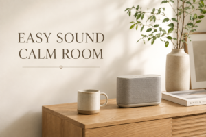 木製キャビネットの上に置かれたBluetoothスピーカーとマグカップを映した、音楽を気軽に楽しむ大人の部屋