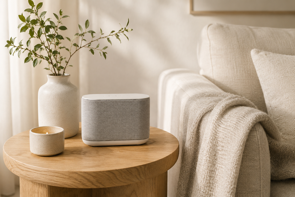 サイドテーブルに置かれたBluetoothスピーカーとキャンドル、花瓶を映した落ち着いた雰囲気