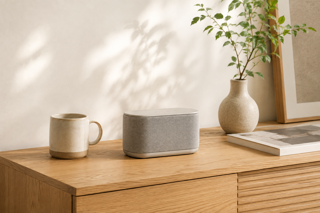 木製キャビネットの上に置かれたBluetoothスピーカーとマグカップ、花瓶、本