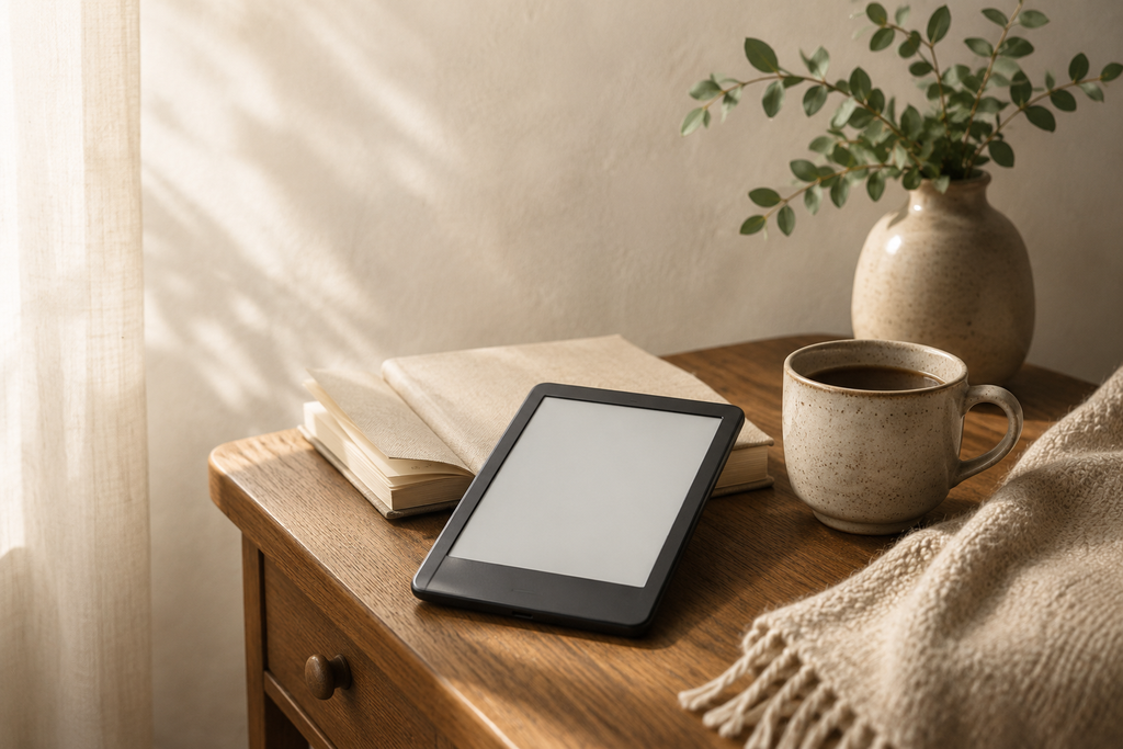 木のテーブルに電子書籍リーダーと本、マグカップ、ブランケットを置いた室内読書の画像