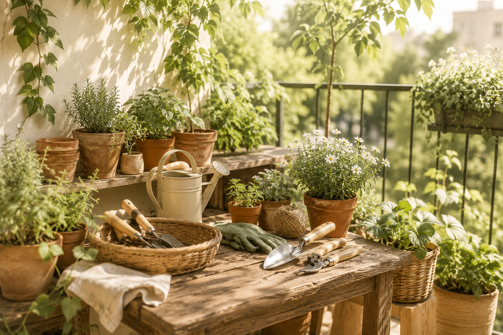 ベランダのガーデニング作業台に園芸ツールと鉢植えを並べた、庭やベランダでの作業イメージ画像