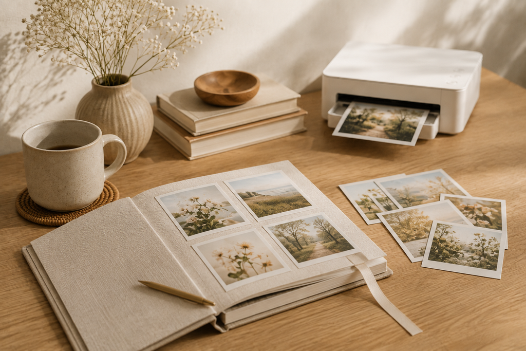 プリント写真をアルバムにまとめながらフォトプリンターをそばに置いた写真整理
